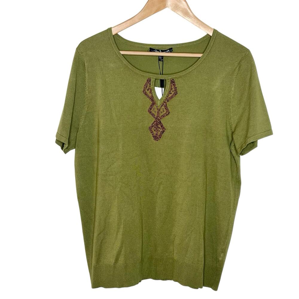 Cable and Gauge Beaded Short Sleeve Knit Top Green Womens Size XL